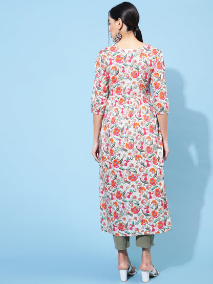 Rayon Calf Length Printed Semi-Flared 3/4 Sleeve Round Neck Kurta (Preorder)