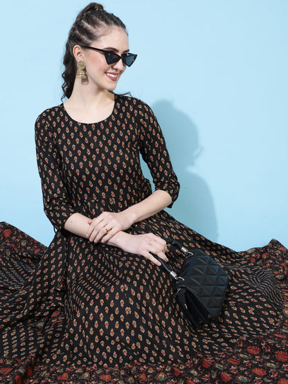 Cotton Calf Length Printed Flared 3/4 Sleeves Round Neck Kurta (Preorder)