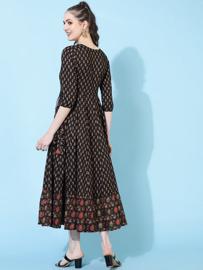 Cotton Calf Length Printed Flared 3/4 Sleeves Round Neck Kurta (Preorder)