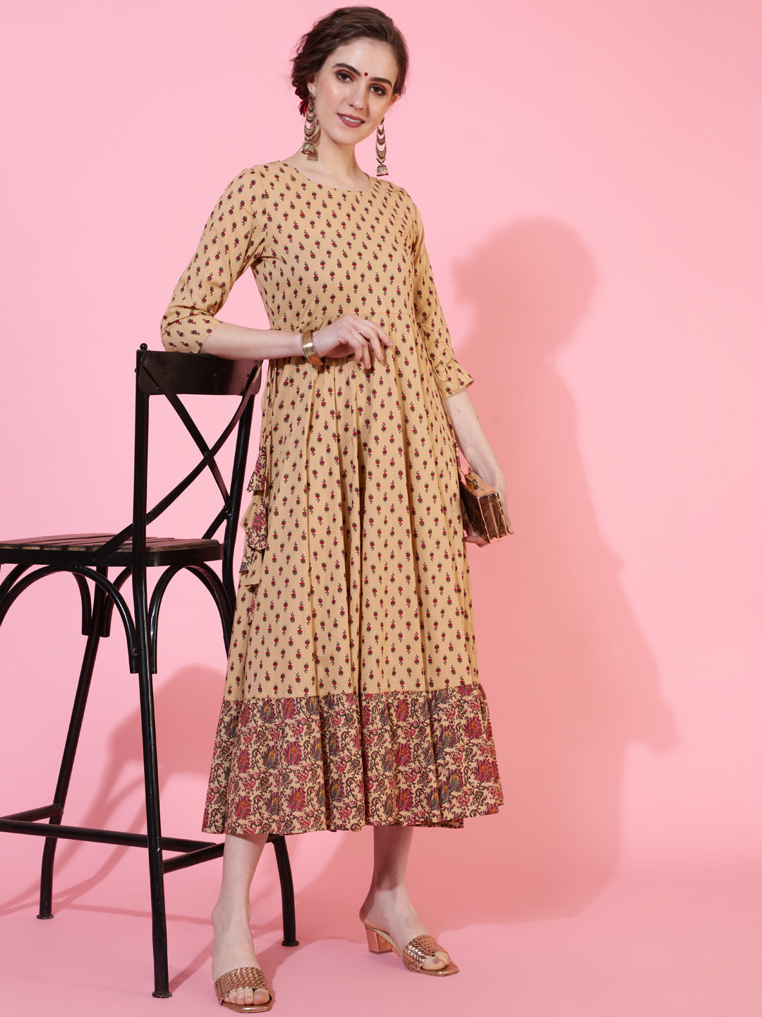 Cotton Calf Length Printed Flared 3/4 Sleeves Round Neck Kurta (Preorder)