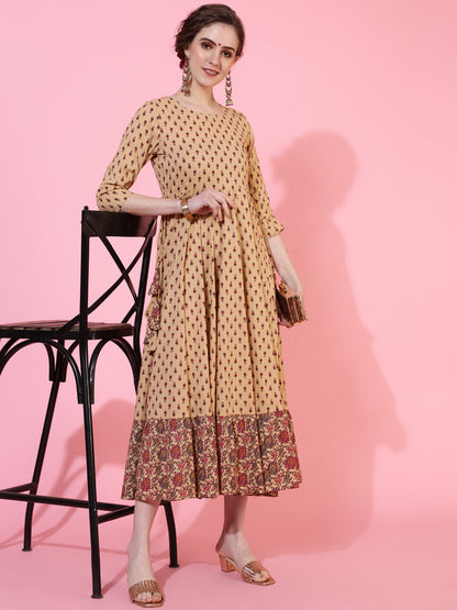 Cotton Calf Length Printed Flared 3/4 Sleeves Round Neck Kurta (Preorder)