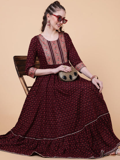 Rayon Ankle Length Length Printed Flared 3/4 Sleeves Round Neck Kurta (Preorder)