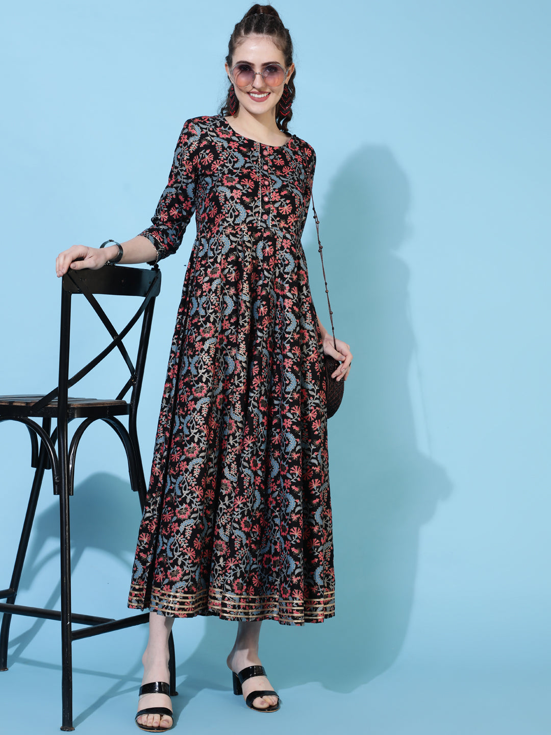 Rayon Ankle Length Printed Flared 3/4 Sleeves Round Neck Dress (Preorder)