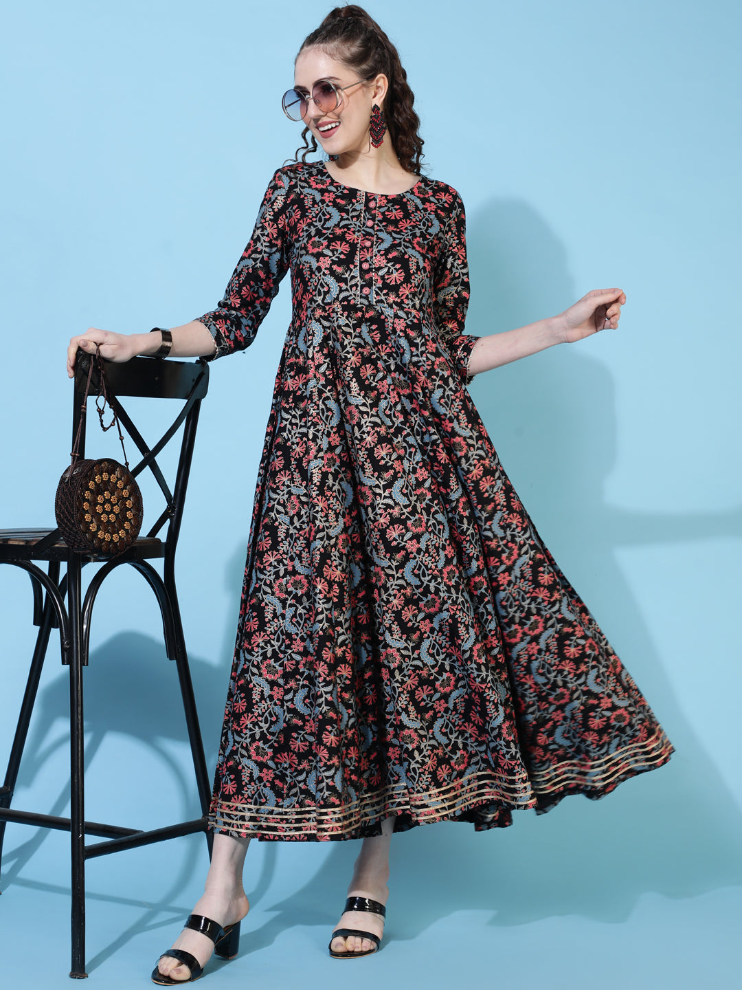 Rayon Ankle Length Printed Flared 3/4 Sleeves Round Neck Dress (Preorder)