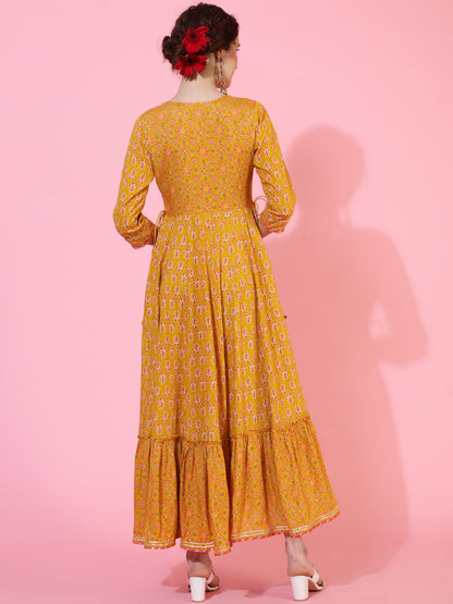 Rayon Ankle Length Length Printed Flared 3/4 Sleeves Round Neck (Preorder)