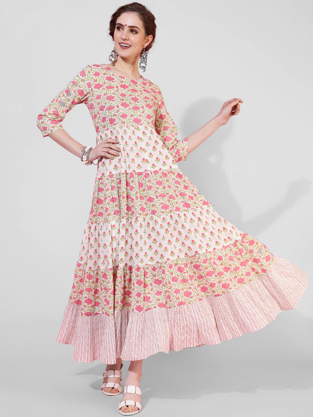 Cotton Calf Length Printed Flared 3/4 Sleeves Round Neck (Preorder)