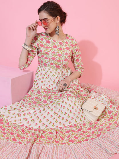 Cotton Calf Length Printed Flared 3/4 Sleeves Round Neck (Preorder)