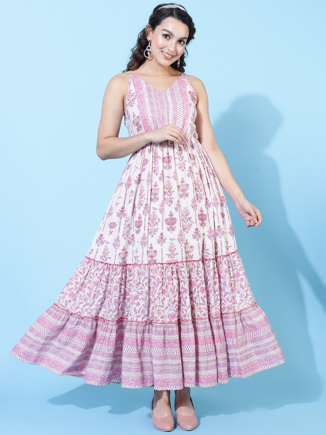 Cotton Ankle Length Printed Flared Strappy Sleeves V-Neck Dress (Preorder)