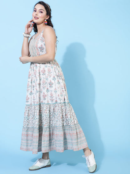 Cotton Ankle Length Printed Flared Strappy Sleeves V-Neck Dress (Preorder)