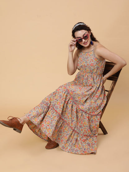 Cotton Calf Length Printed Flared Strappy Sleeves Square Neck Dress (Preorder)