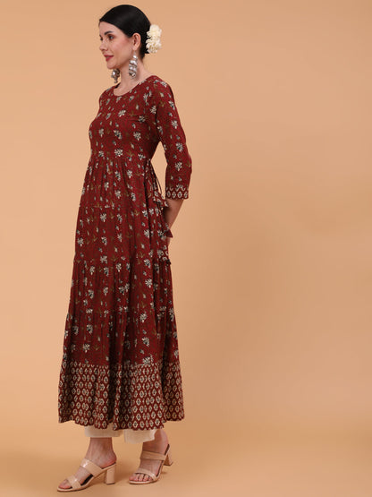 Cotton Ankle Length Printed Flared 3/4 Sleeve Round Neck Dress (Preorder)