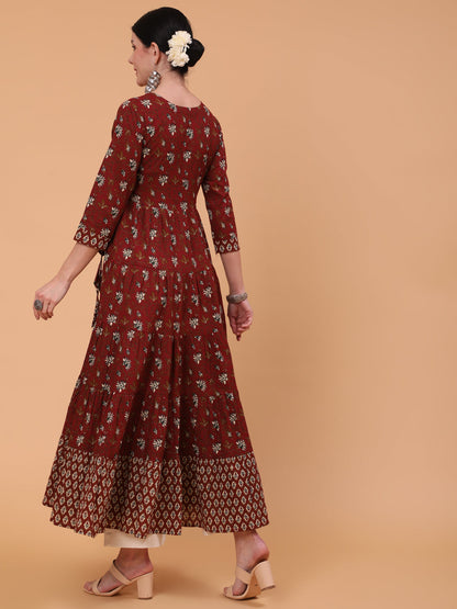 Cotton Ankle Length Printed Flared 3/4 Sleeve Round Neck Dress (Preorder)