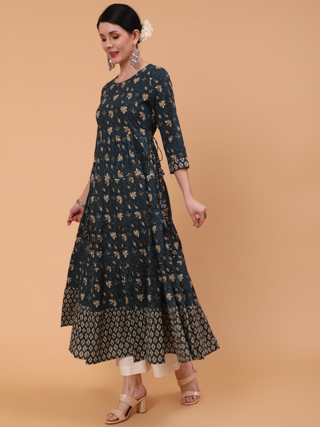 Cotton Ankle Length Printed Flared 3/4 Sleeve Round Neck Dress (Preorder)
