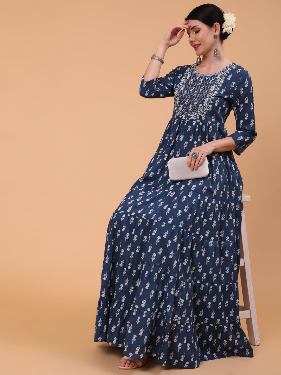 Cotton Full Length Embroidered Flared 3/4 Sleeve Round Neck Dress (Preorder)