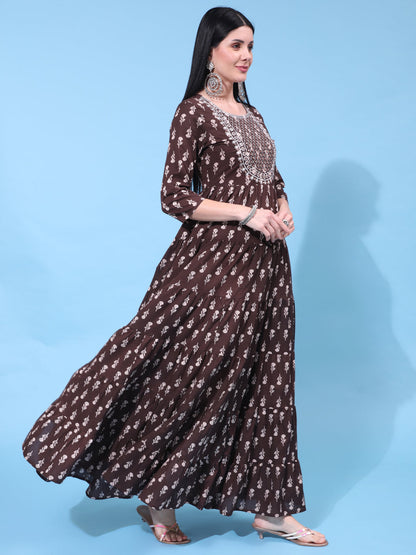Cotton Full Length Embroidered Flared 3/4 Sleeve Round Neck Dress (Preorder)