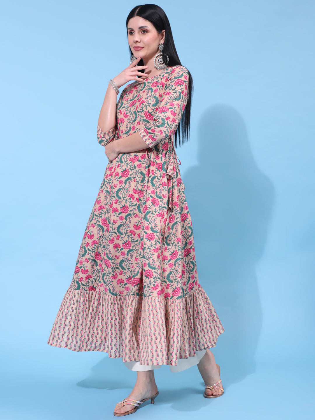 Cotton Ankle Length Printed Flared 3/4 Sleeve Round Neck Dress (Preorder)