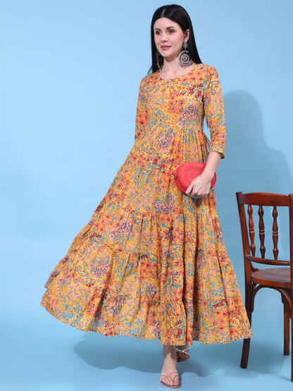 Cotton Ankle Length Printed Flared 3/4 Sleeve Round Neck Dress (Preorder)