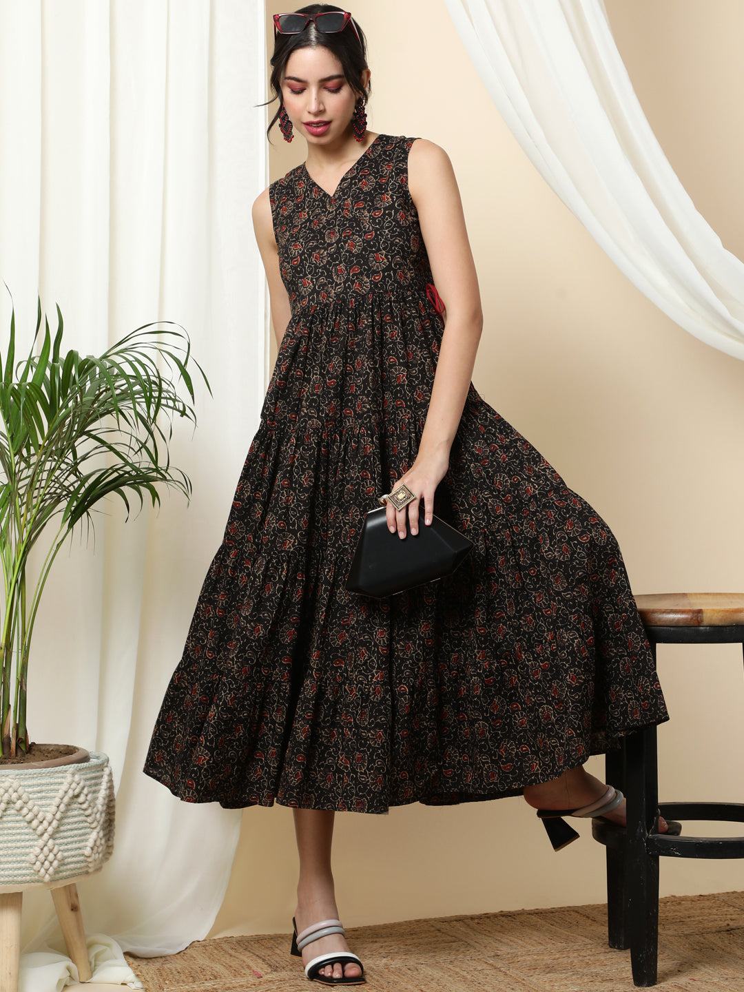 Cotton  Calf Length Printed  Sleeveless V-Neck Dress (Preorder)
