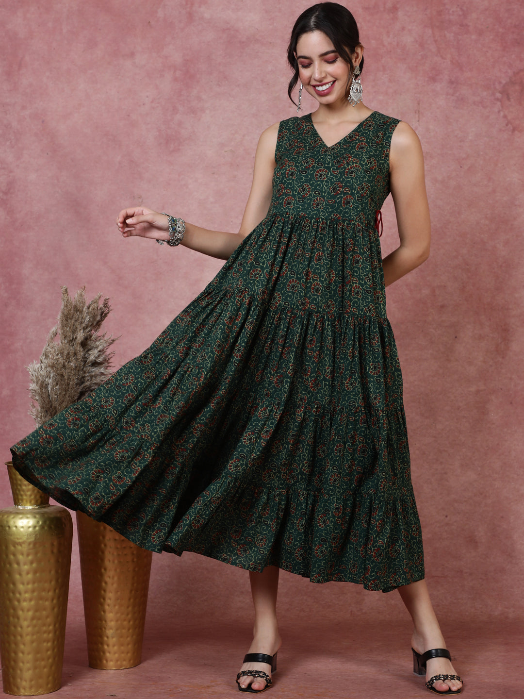 Cotton  Calf Length Printed  Sleeveless V-Neck Dress