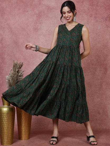Cotton  Calf Length Printed  Sleeveless V-Neck Dress (Preorder)