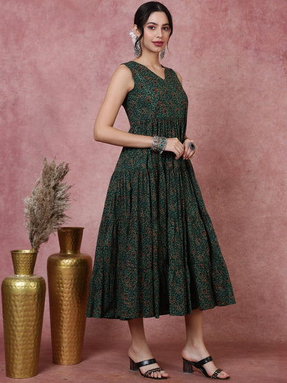 Cotton  Calf Length Printed  Sleeveless V-Neck Dress (Preorder)