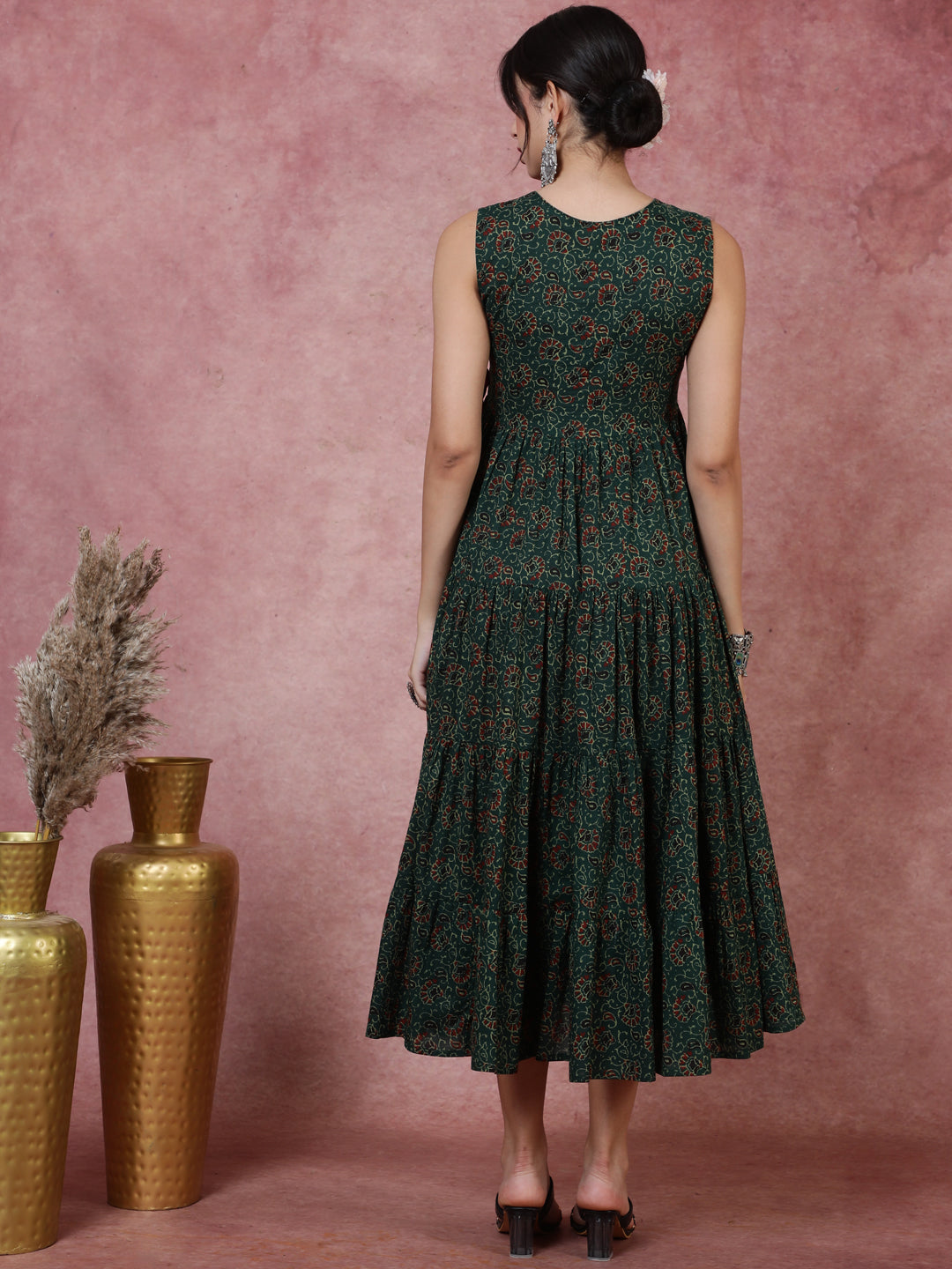 Cotton  Calf Length Printed  Sleeveless V-Neck Dress