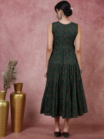 Cotton  Calf Length Printed  Sleeveless V-Neck Dress