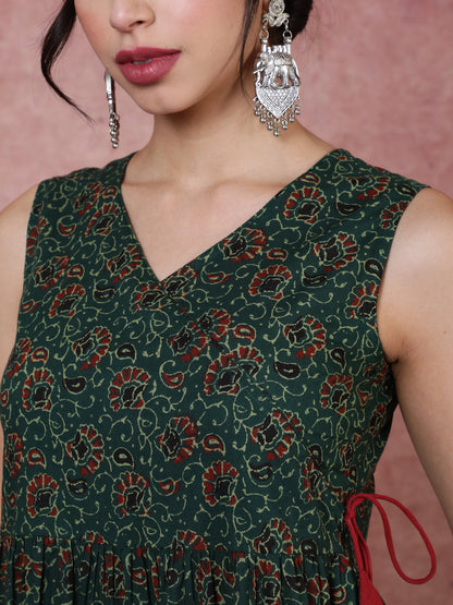 Cotton  Calf Length Printed  Sleeveless V-Neck Dress (Preorder)