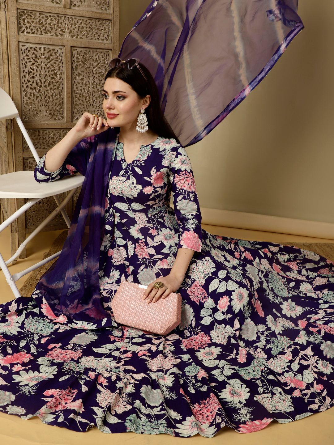 Calf Length Semi-Flared 3/4 Sleeves Round Kurta Dupatta Set (Preorder)