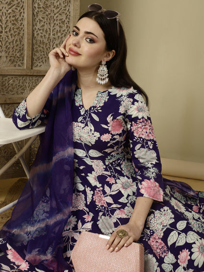 Calf Length Semi-Flared 3/4 Sleeves Round Kurta Dupatta Set (Preorder)