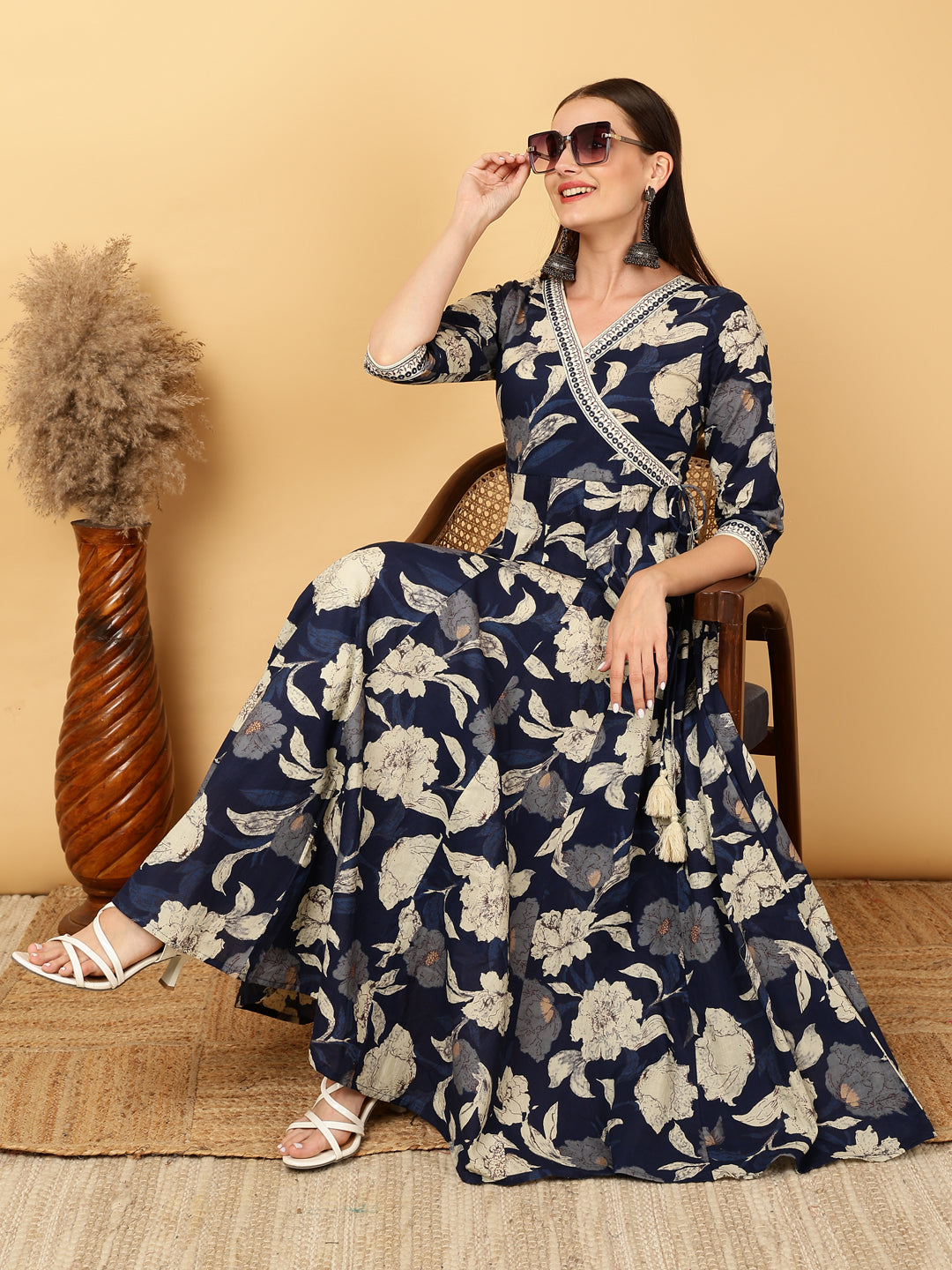 Cotton Calf Length Printed Flared 3/4 Sleeves Round Neck Gown (Preorder)