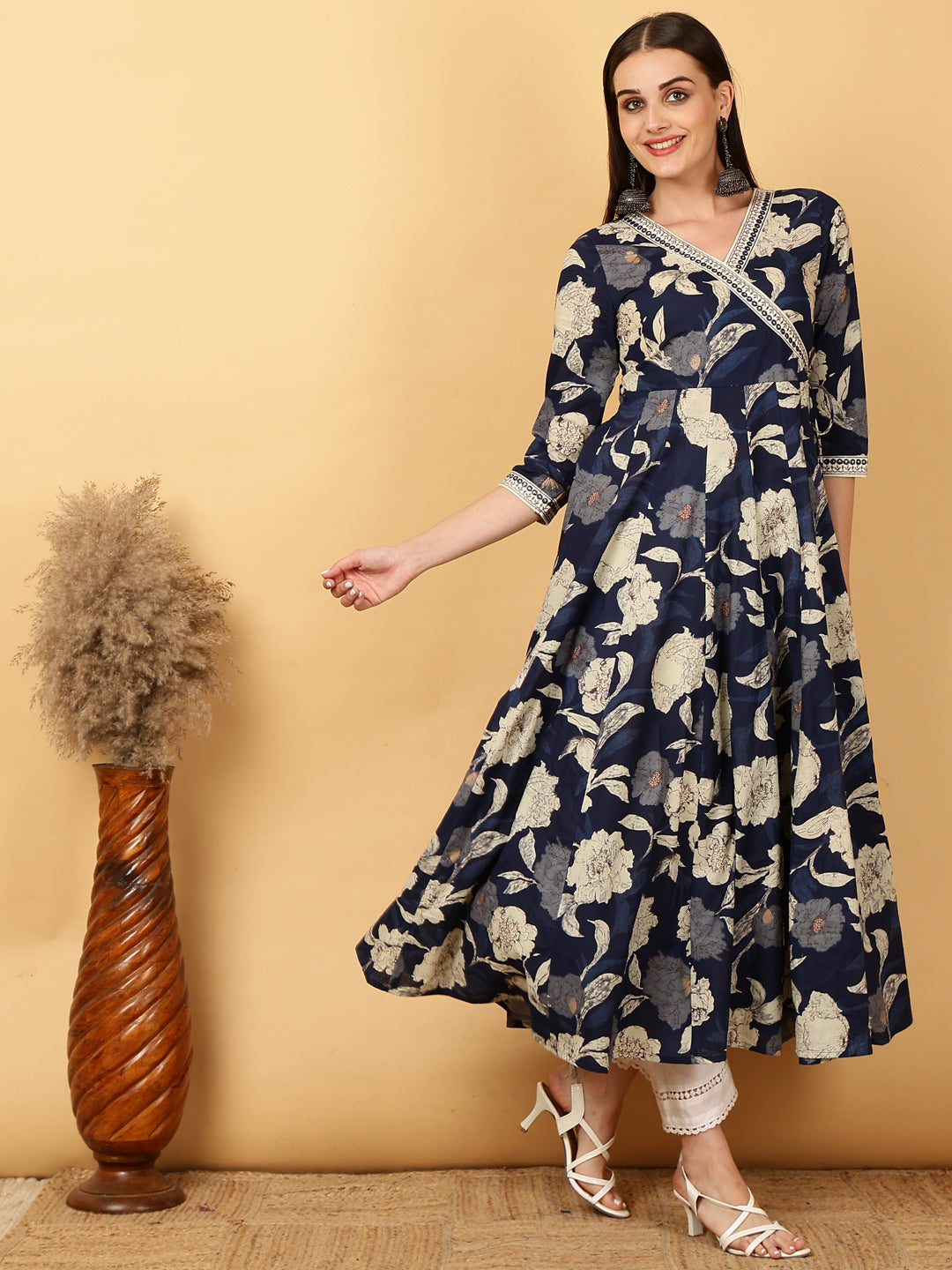 Cotton Calf Length Printed Flared 3/4 Sleeves Round Neck Gown (Preorder)