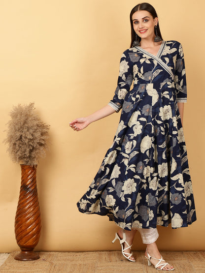 Cotton Calf Length Printed Flared 3/4 Sleeves Round Neck Gown (Preorder)