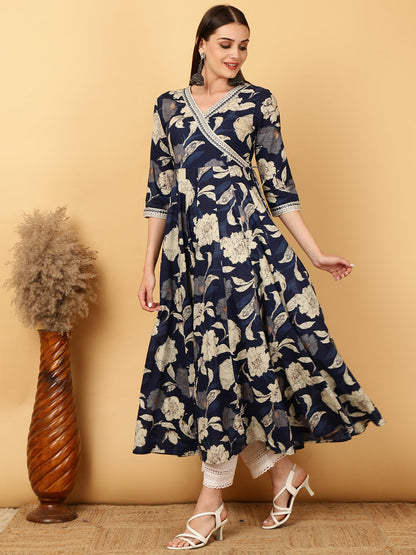 Cotton Calf Length Printed Flared 3/4 Sleeves Round Neck Gown (Preorder)