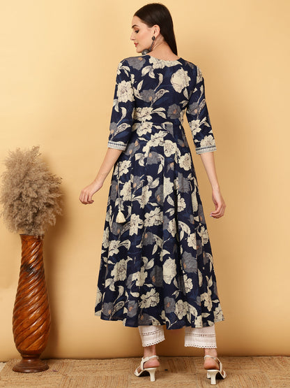 Cotton Calf Length Printed Flared 3/4 Sleeves Round Neck Gown (Preorder)