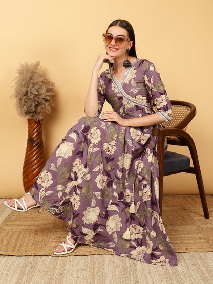 Cotton Calf Length Printed Flared 3/4 Sleeves Round Neck Gown (Preorder)