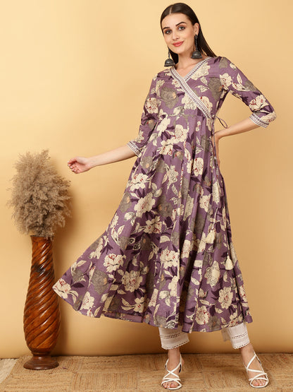 Cotton Calf Length Printed Flared 3/4 Sleeves Round Neck Gown (Preorder)