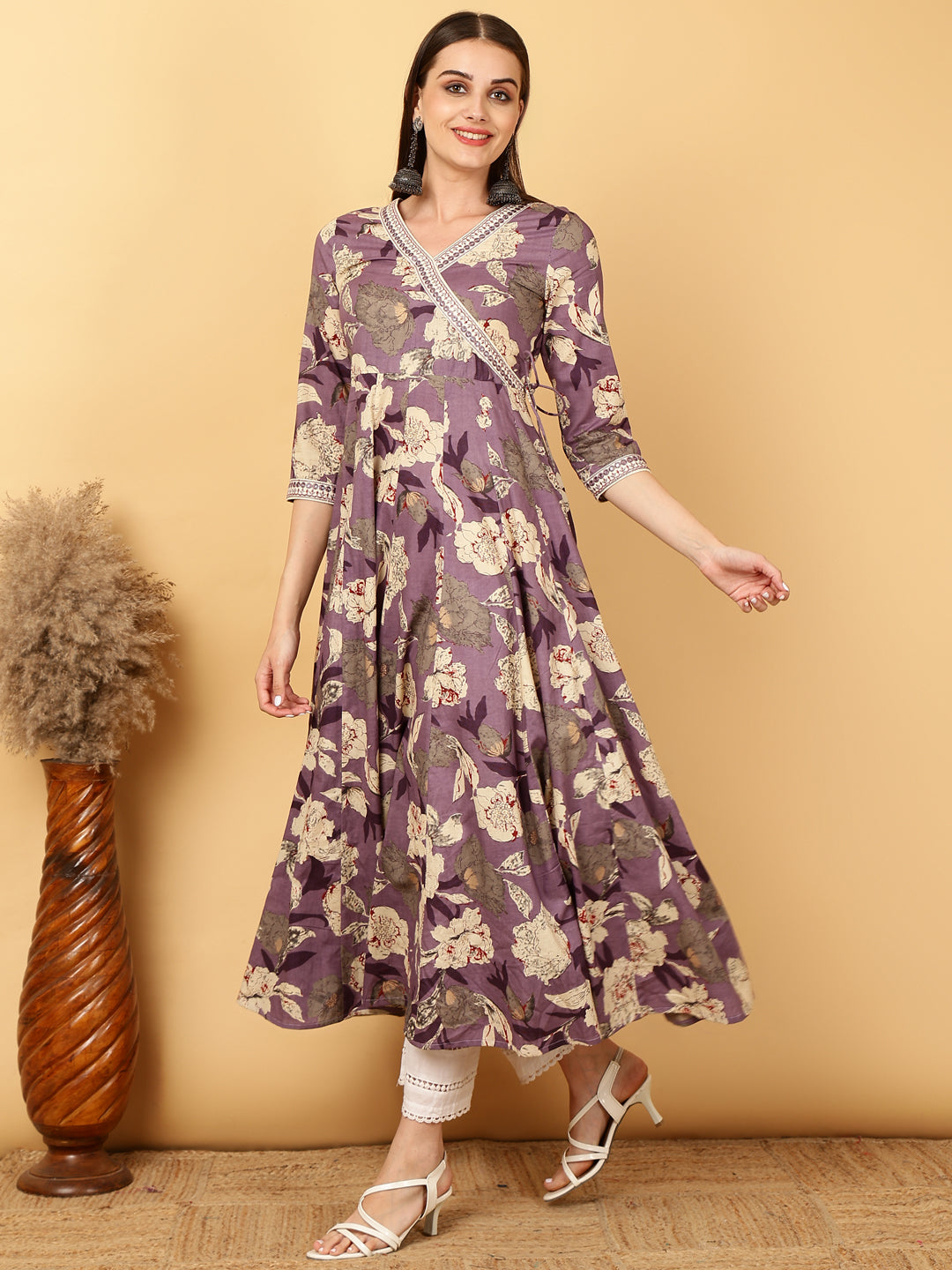 Cotton Calf Length Printed Flared 3/4 Sleeves Round Neck Gown (Preorder)