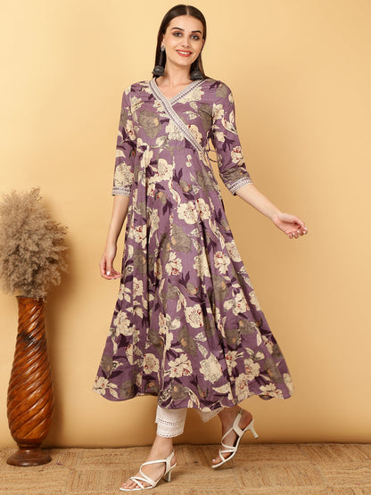 Cotton Calf Length Printed Flared 3/4 Sleeves Round Neck Gown (Preorder)