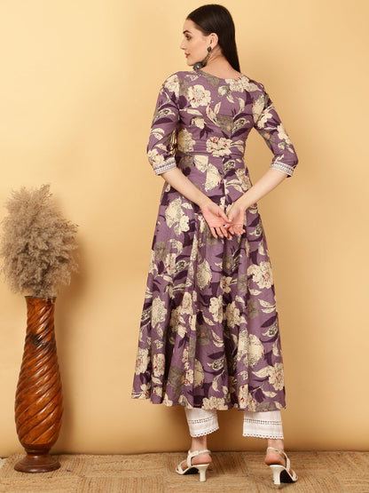 Cotton Calf Length Printed Flared 3/4 Sleeves Round Neck Gown (Preorder)