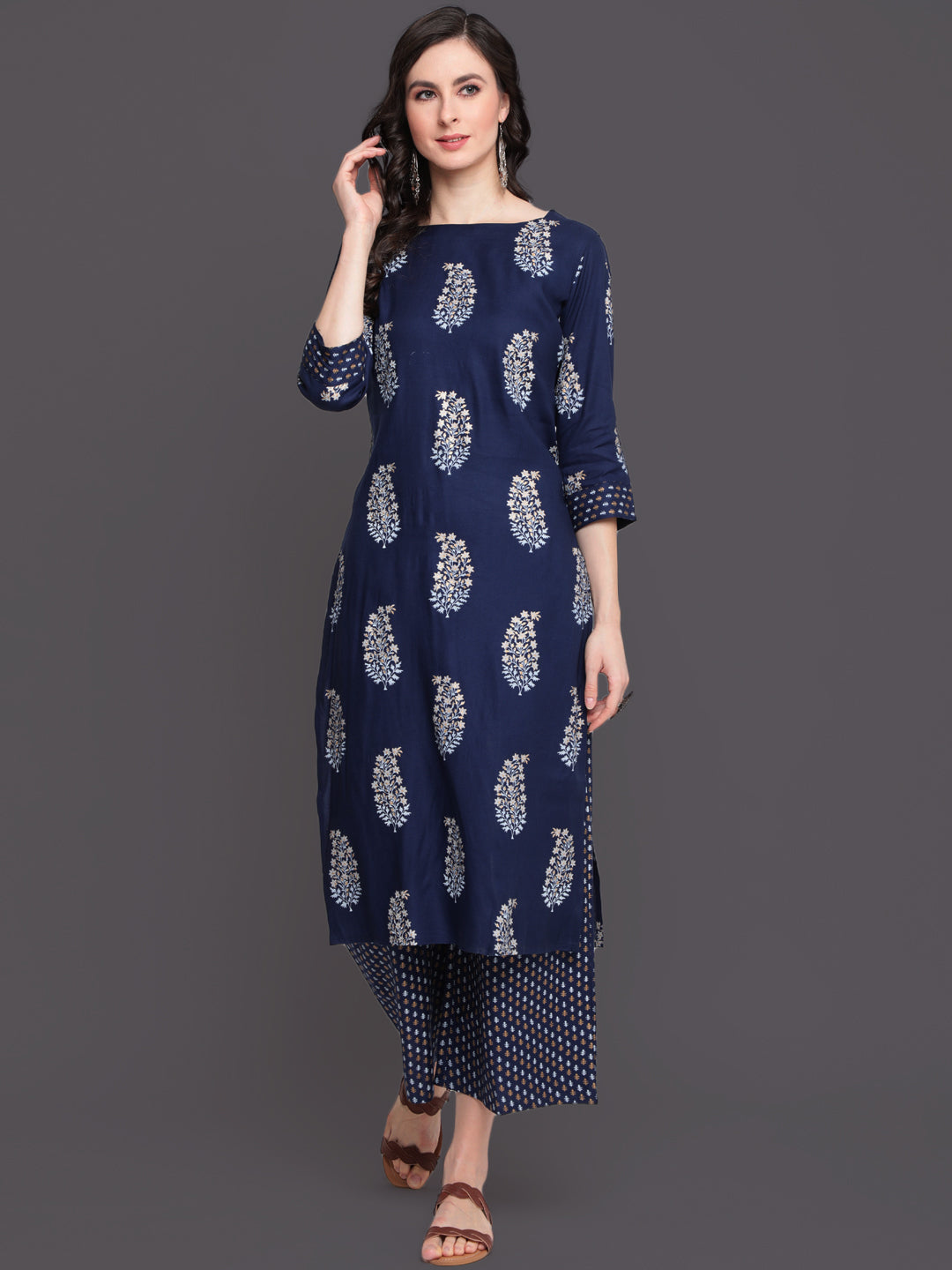 Printed Straight Calf Length 3/4 Sleeves Boat Neck Rayon Kurta & Palazzo (Preorder)