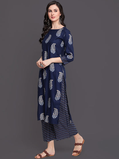 Printed Straight Calf Length 3/4 Sleeves Boat Neck Rayon Kurta & Palazzo (Preorder)