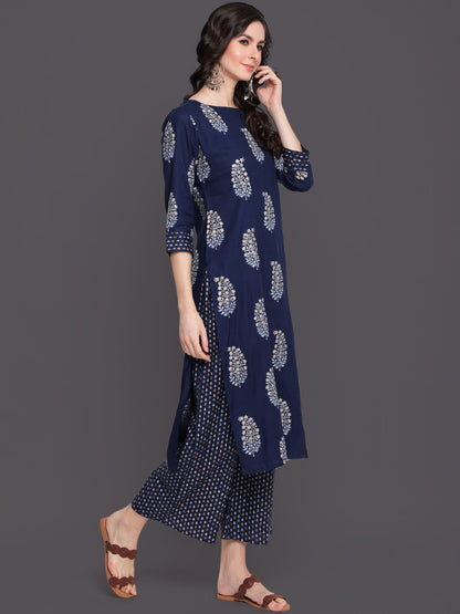 Printed Straight Calf Length 3/4 Sleeves Boat Neck Rayon Kurta & Palazzo (Preorder)