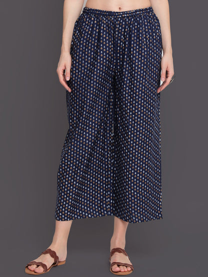 Printed Straight Calf Length 3/4 Sleeves Boat Neck Rayon Kurta & Palazzo (Preorder)