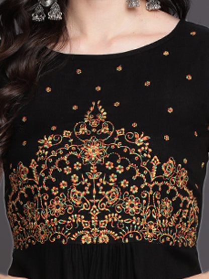 Embroidered Semi Flared Calf Length Sleeveless round Neck Rayon Kurta & Palazzo (Preorder)