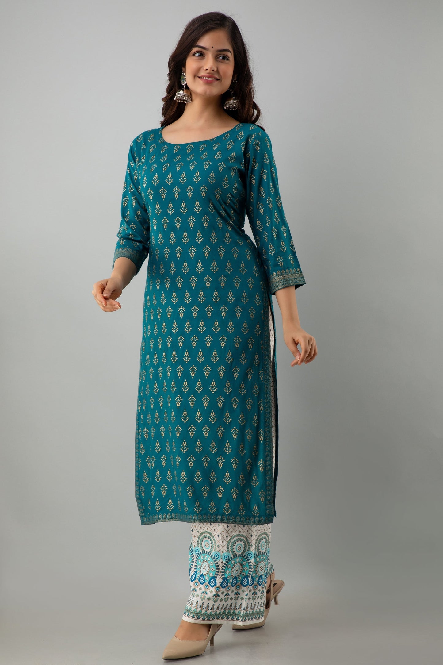 Printed Straight Calf Length 3/4 Sleeves Round Neck Rayon Kurta Set (Preorder)
