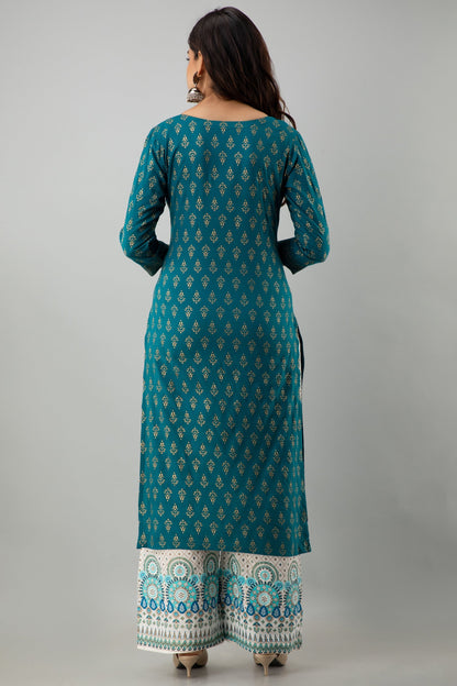 Printed Straight Calf Length 3/4 Sleeves Round Neck Rayon Kurta Set (Preorder)