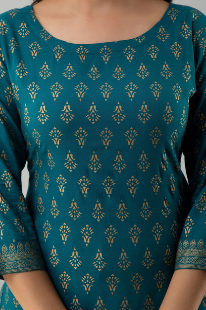 Printed Straight Calf Length 3/4 Sleeves Round Neck Rayon Kurta Set (Preorder)