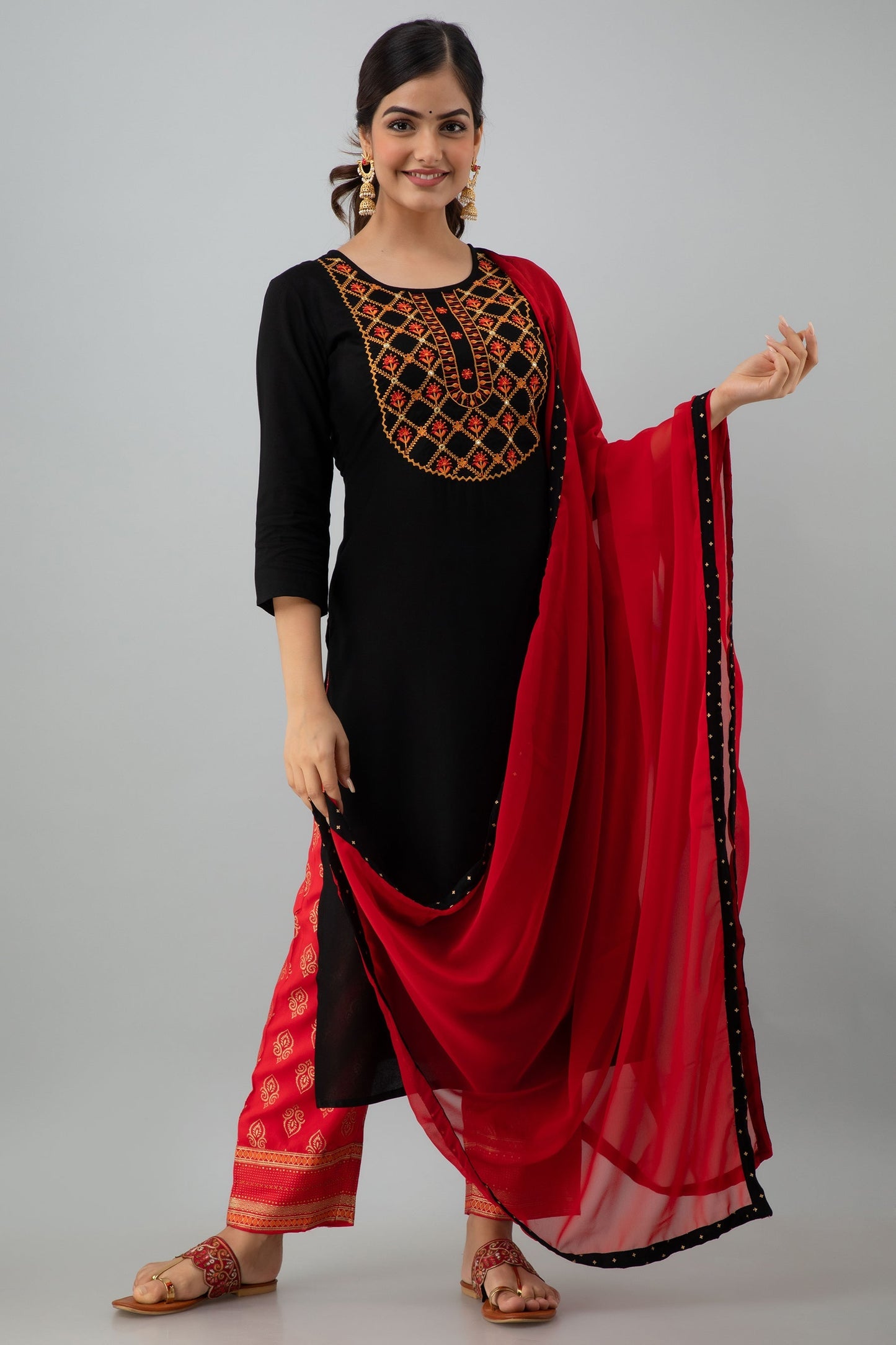 Embroidered Straight Calf Length 3/4 Sleeves Round Neck Rayon Kurta Dupatta Bottom Set (Preorder)