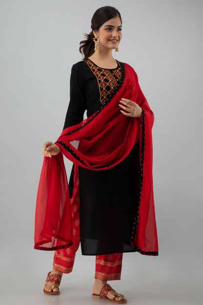 Embroidered Straight Calf Length 3/4 Sleeves Round Neck Rayon Kurta Dupatta Bottom Set (Preorder)